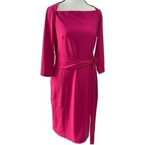 Ann Taylor Sz 6P Fuchsia Long Sleeve Dress Midi Waist Tie Belt Sheath NWT